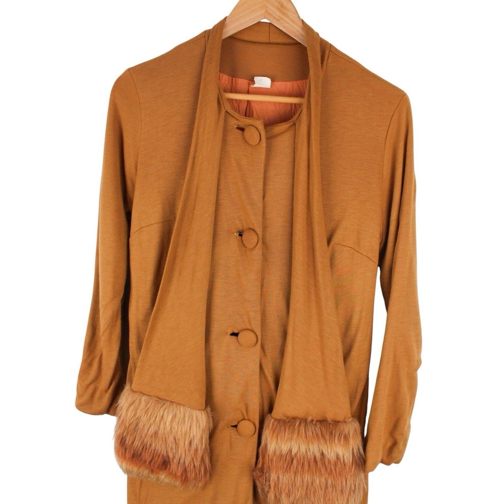 Vintage 60s Mod Hostess Coat Fur Trim Scarf Brown Acrylic Jacket Womens 14 - Picture 2 of 5